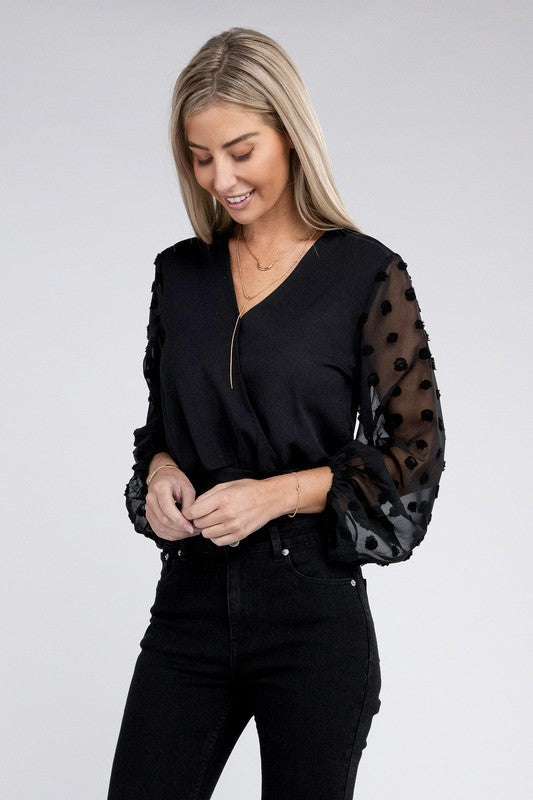 V Neck Wrap Sheer Sleeves Bodysuit - Christi's Boutique