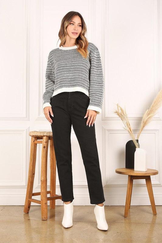 Herringbone Pattern Crew Neck Sweater - Christi's Boutique