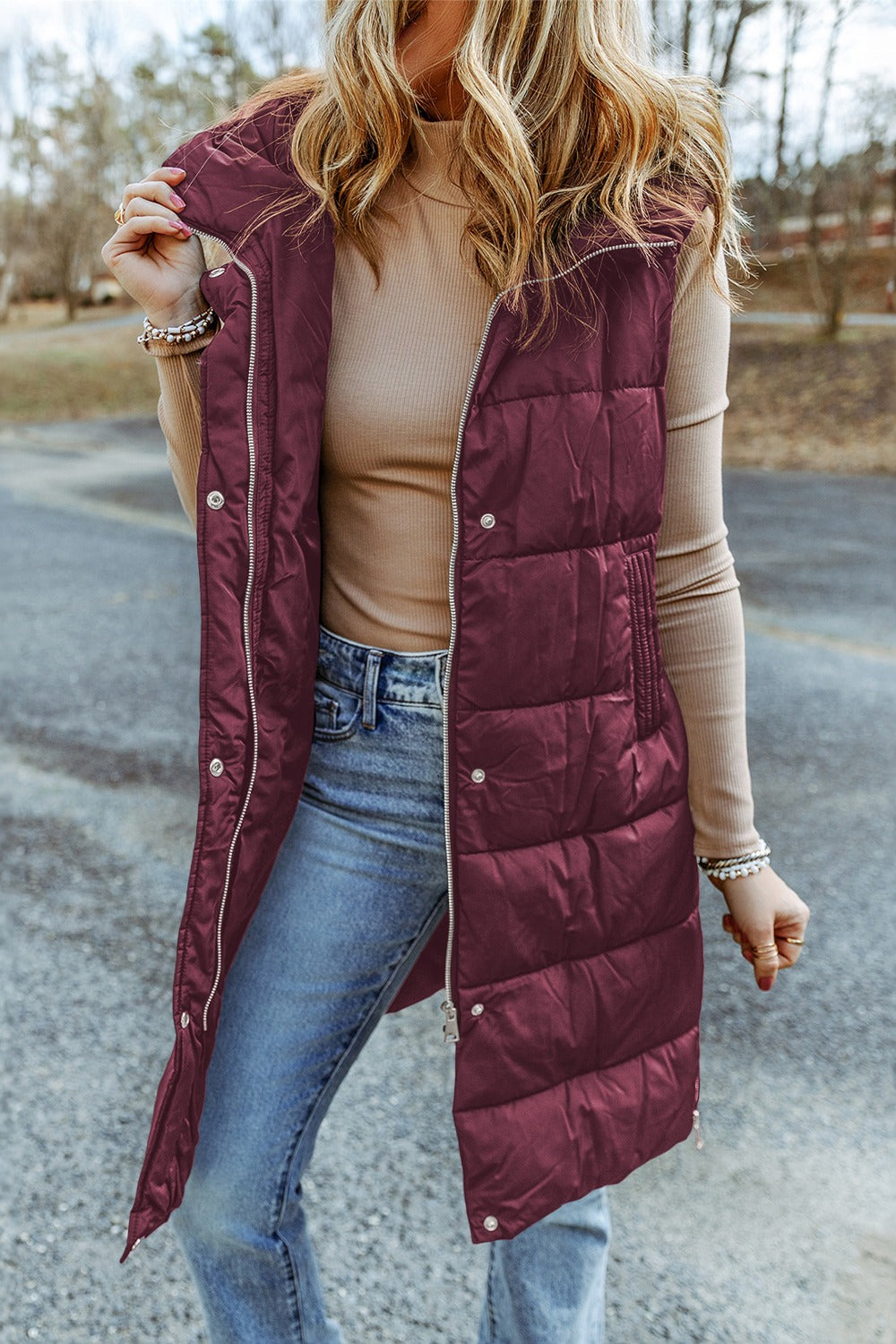 Longline Hooded Sleeveless Puffer Vest - Christi's Boutique