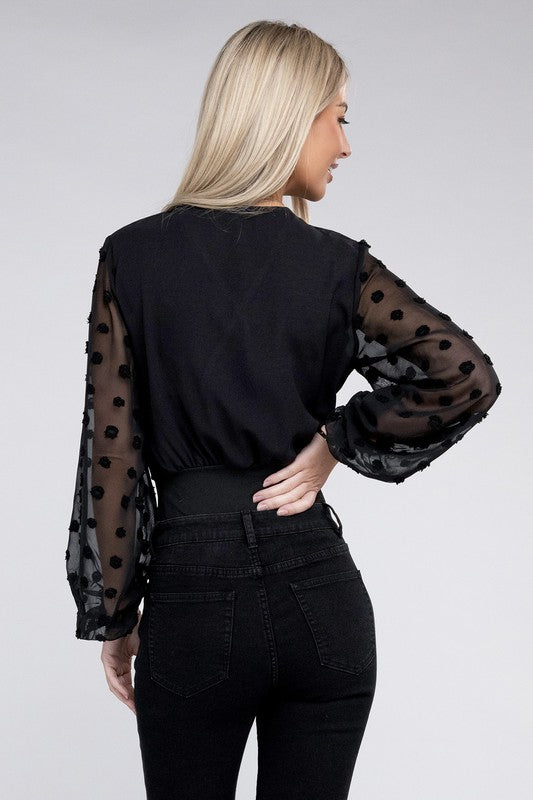 V Neck Wrap Sheer Sleeves Bodysuit - Christi's Boutique