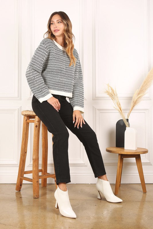 Herringbone Pattern Crew Neck Sweater - Christi's Boutique