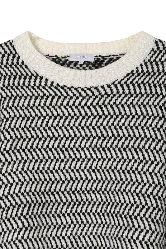 Herringbone Pattern Crew Neck Sweater - Christi's Boutique