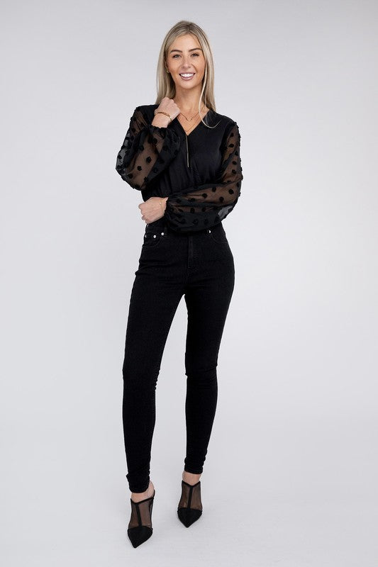 V Neck Wrap Sheer Sleeves Bodysuit - Christi's Boutique