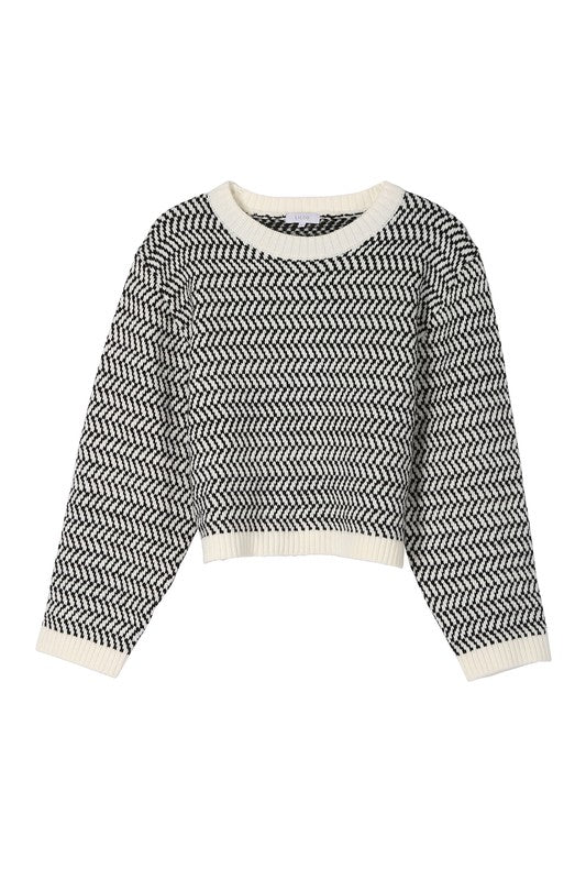 Herringbone Pattern Crew Neck Sweater - Christi's Boutique