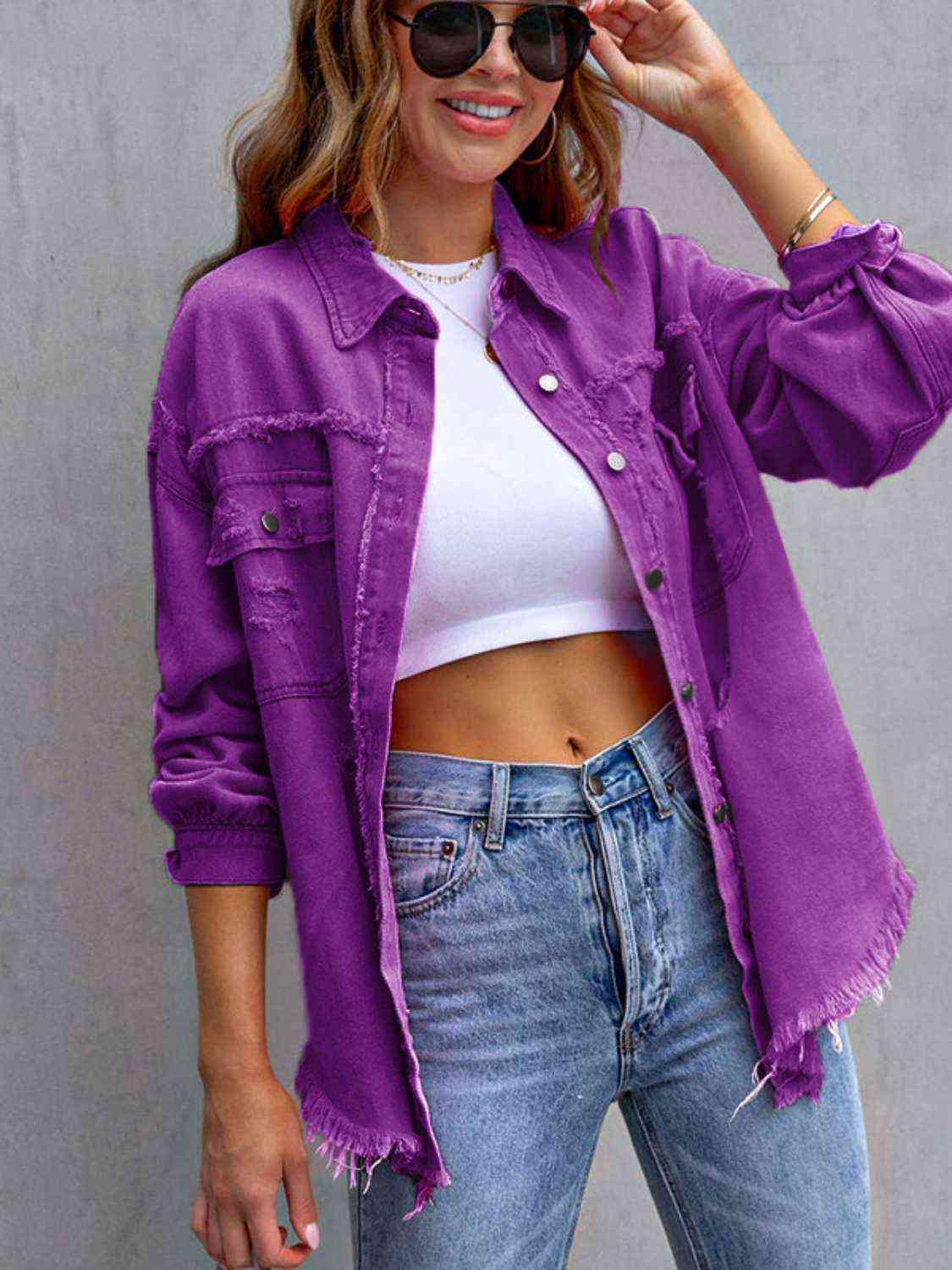 Distressed Drop Shoulder Denim Jacket - Christi's Boutique