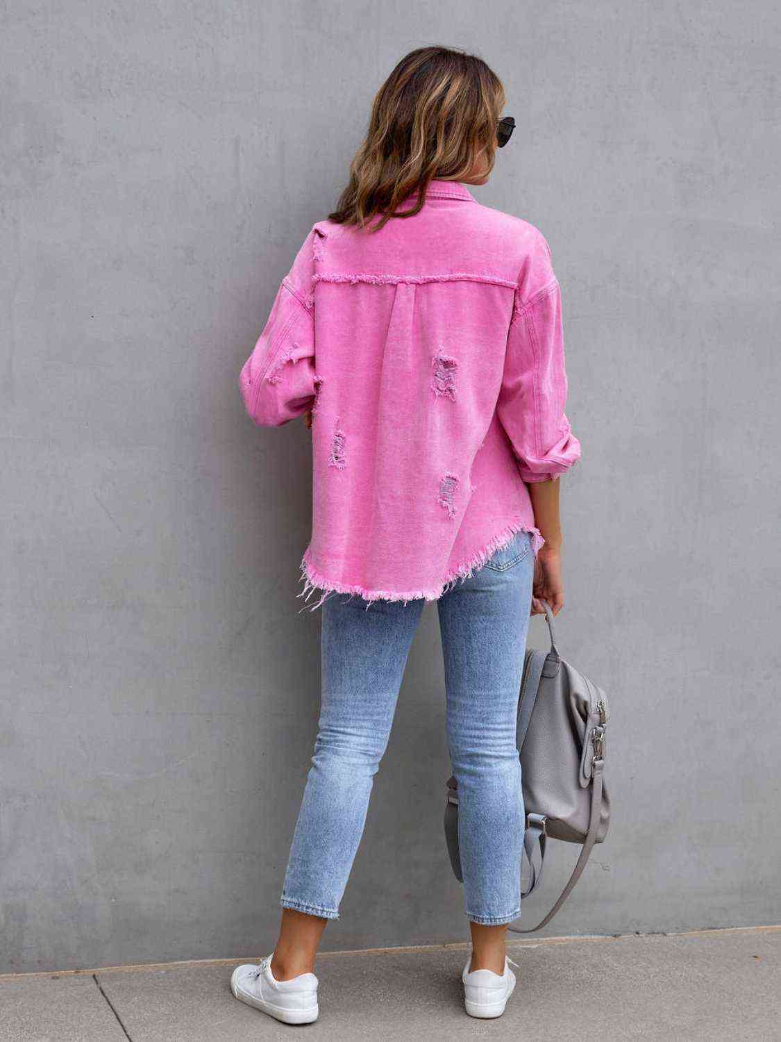 Distressed Drop Shoulder Denim Jacket - Christi's Boutique