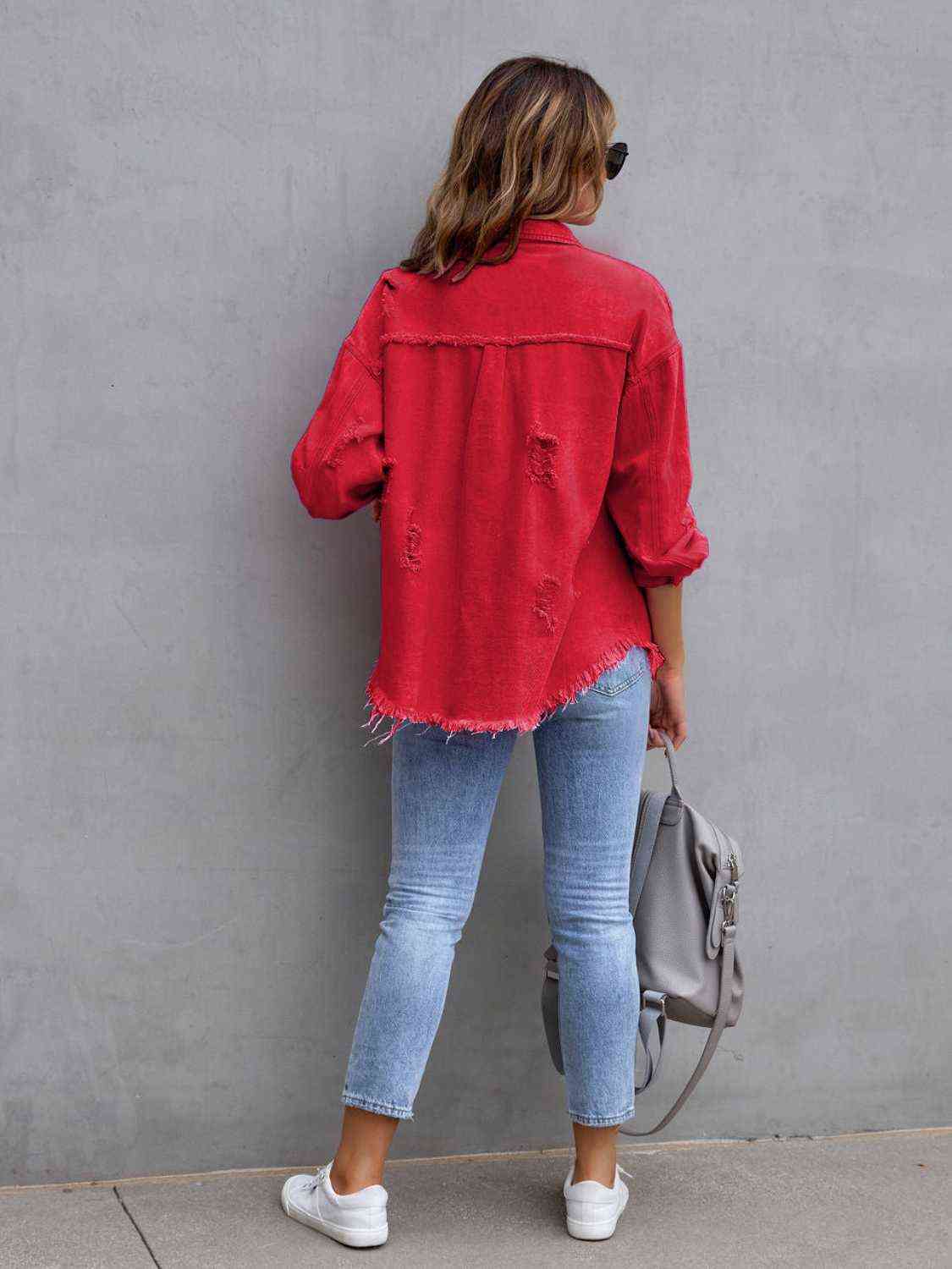 Distressed Drop Shoulder Denim Jacket - Christi's Boutique