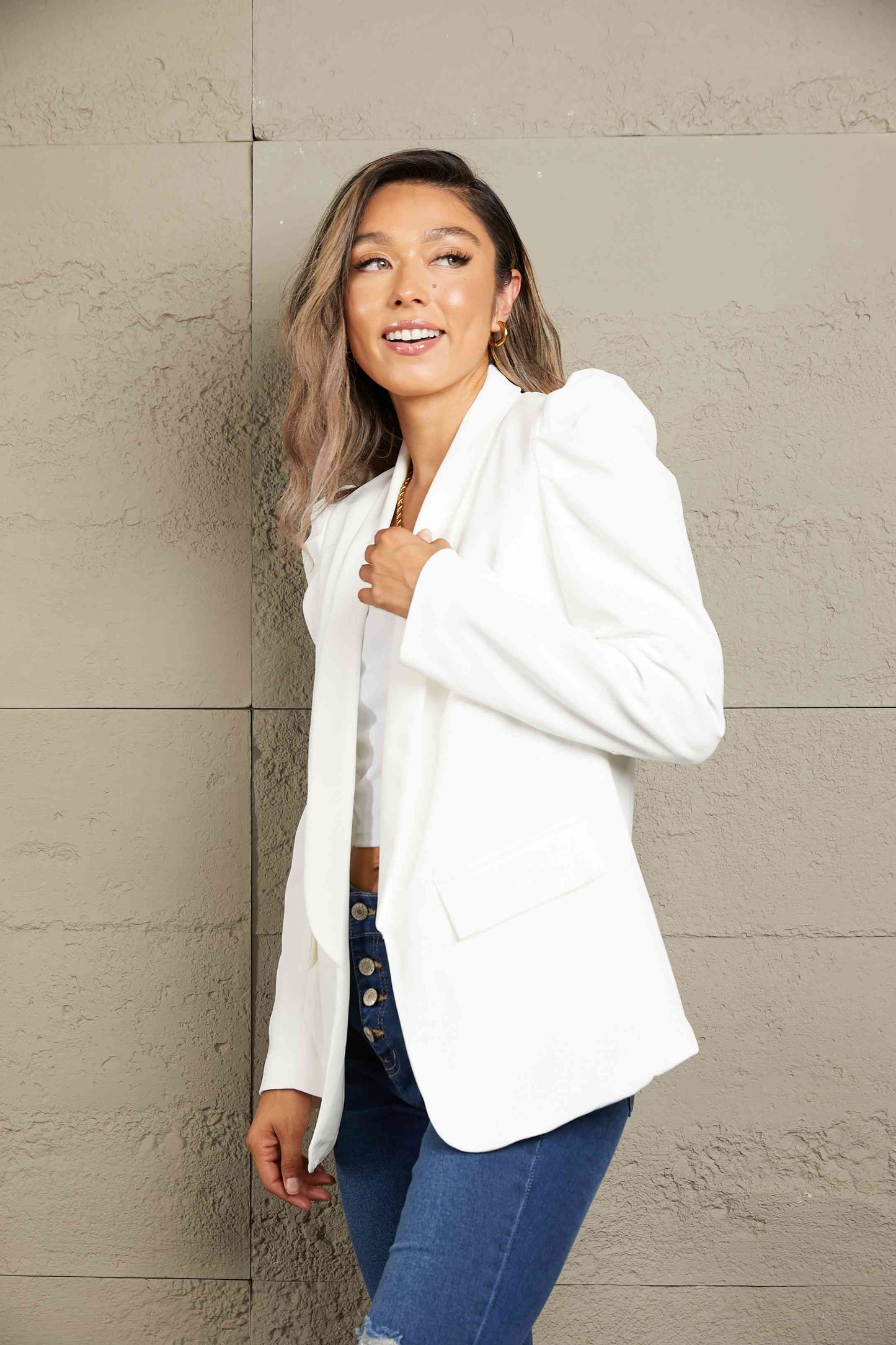 Double Take Puff Sleeve Shawl Collar Blazer - Christi's Boutique