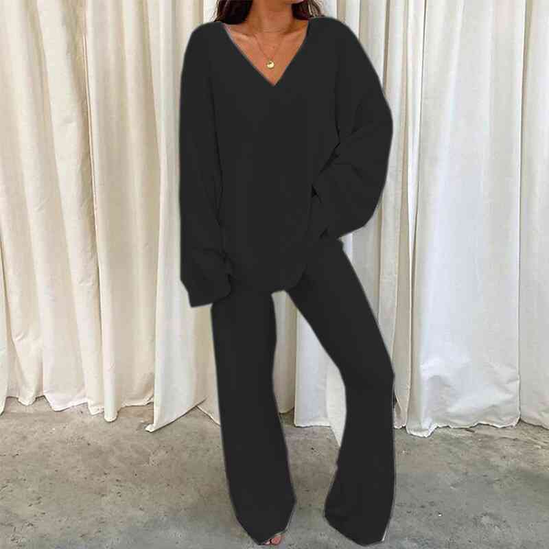 V-Neck Long Sleeve Top and Long Pants Set - Christi's Boutique