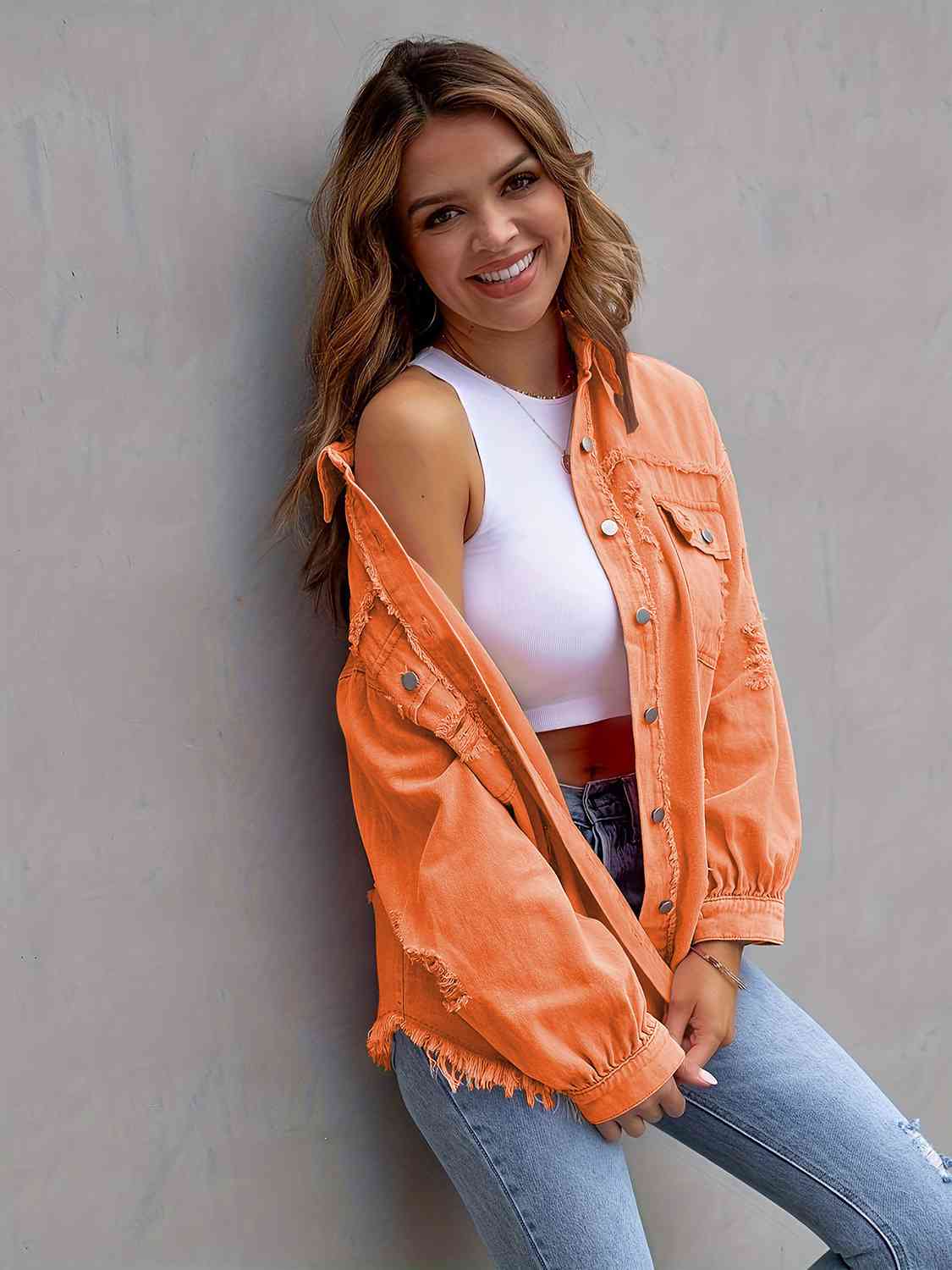Distressed Drop Shoulder Denim Jacket - Christi's Boutique