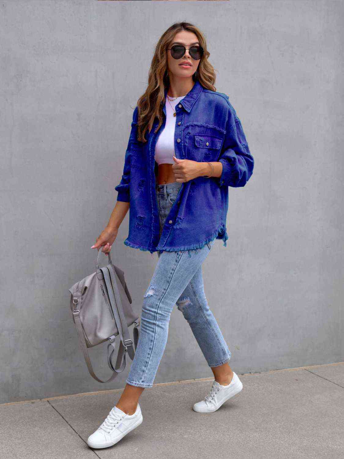 Distressed Drop Shoulder Denim Jacket - Christi's Boutique