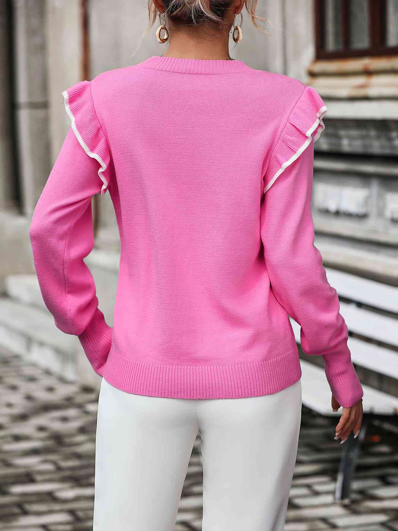 Round Neck Ruffle Trim Long Sleeve Pullover Sweater - Christi's Boutique