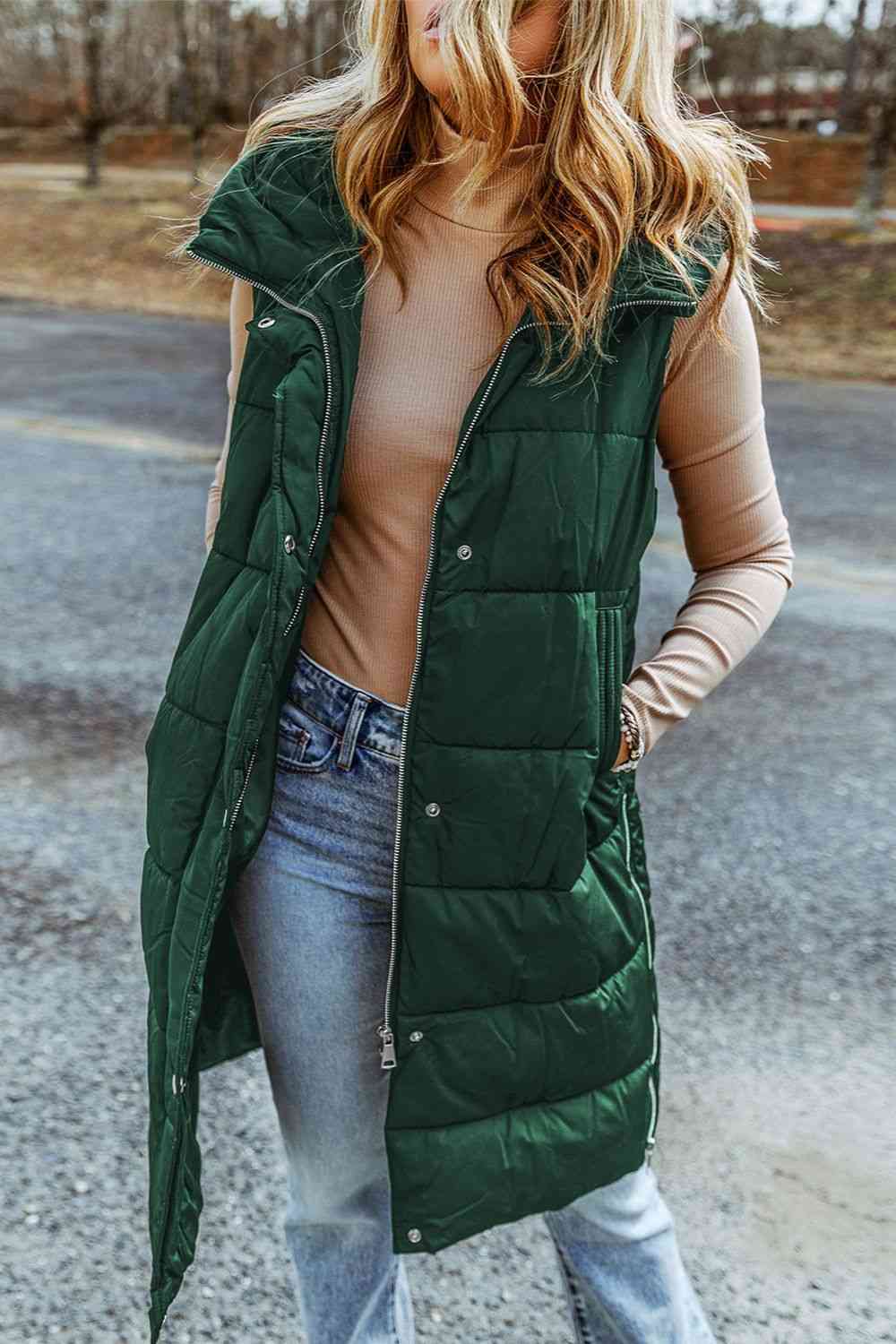 Longline Hooded Sleeveless Puffer Vest - Christi's Boutique