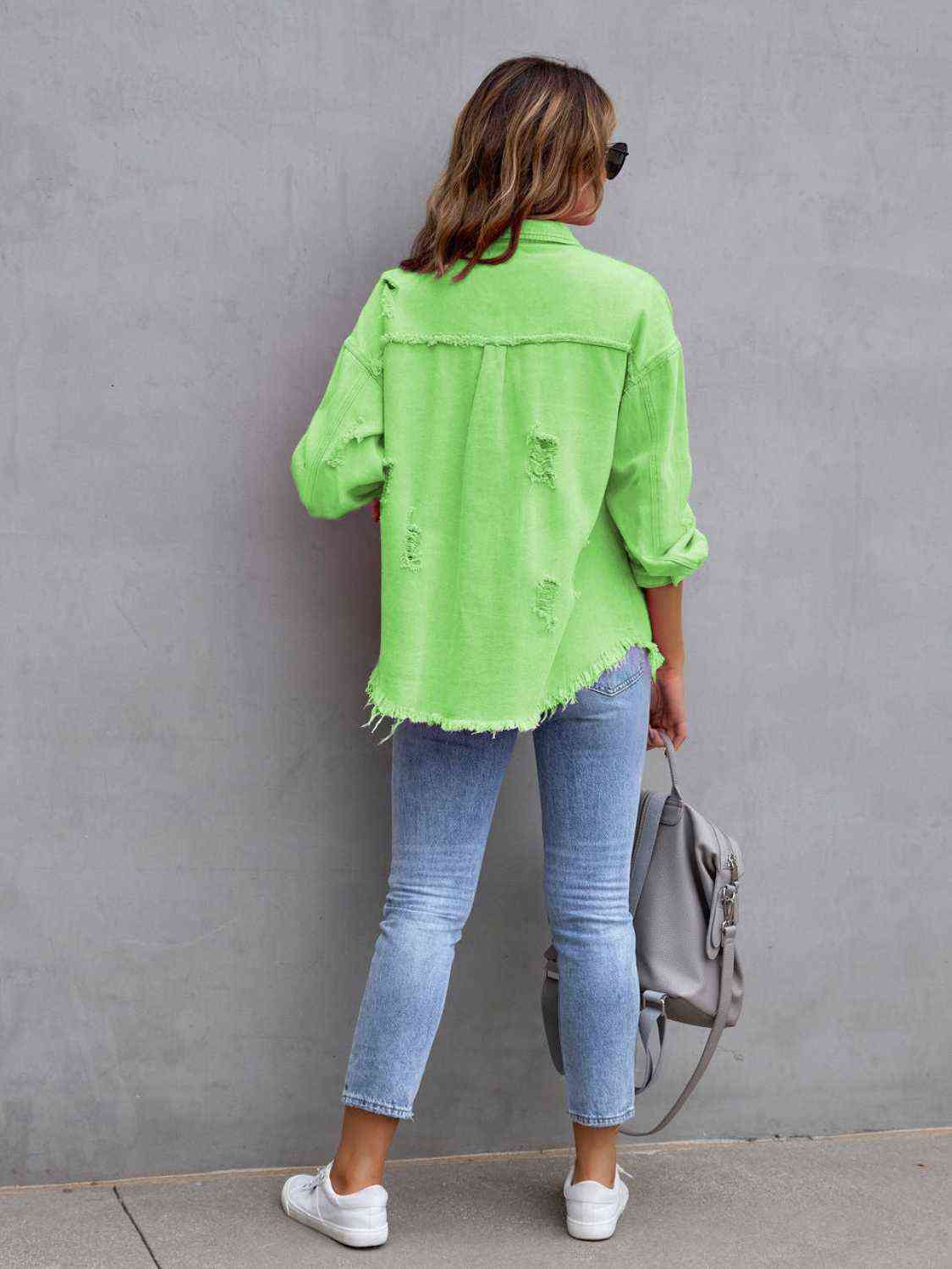 Distressed Drop Shoulder Denim Jacket - Christi's Boutique