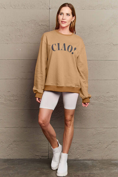 Simply Love Full Size CIAO!Round Neck Sweatshirt - Christi's Boutique
