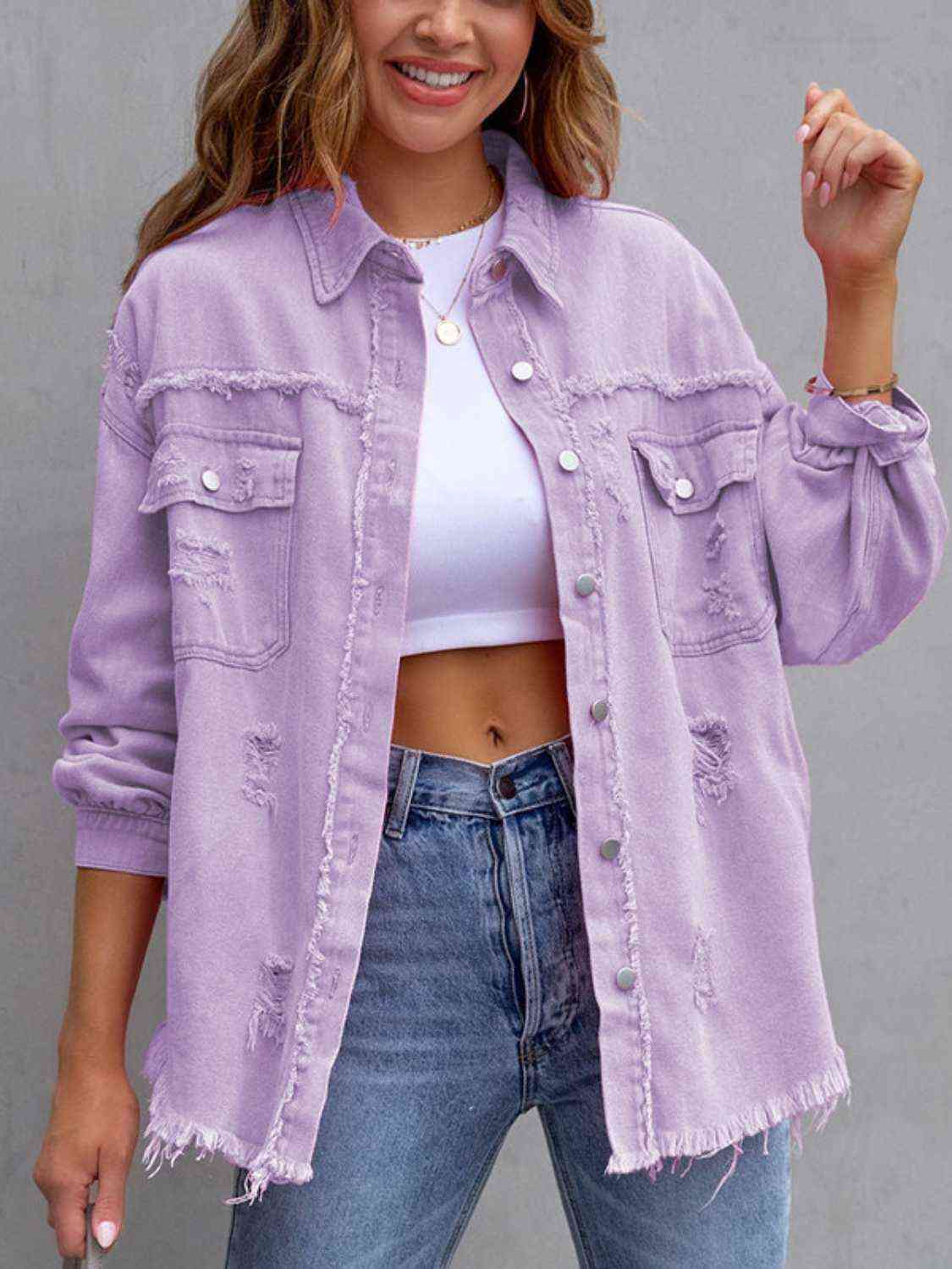 Distressed Drop Shoulder Denim Jacket - Christi's Boutique