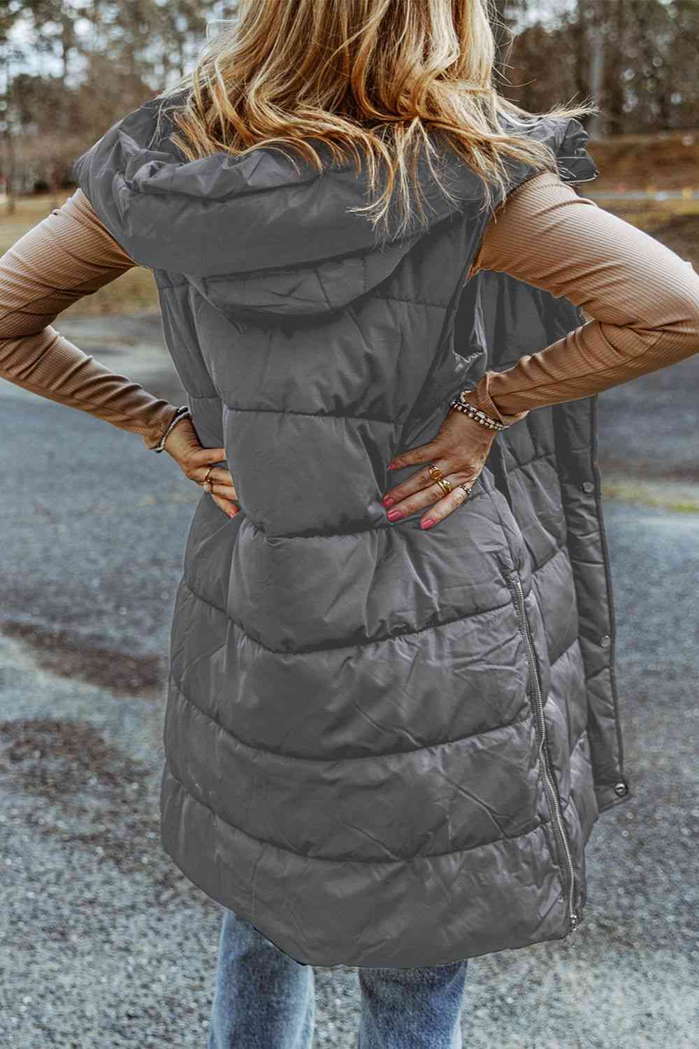 Longline Hooded Sleeveless Puffer Vest - Christi's Boutique