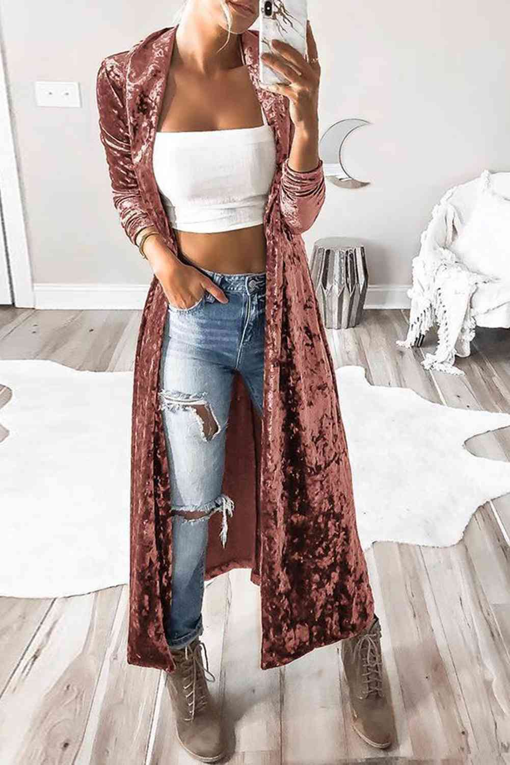 Open Front Long Sleeve Longline Velvet Cardigan - Christi's Boutique