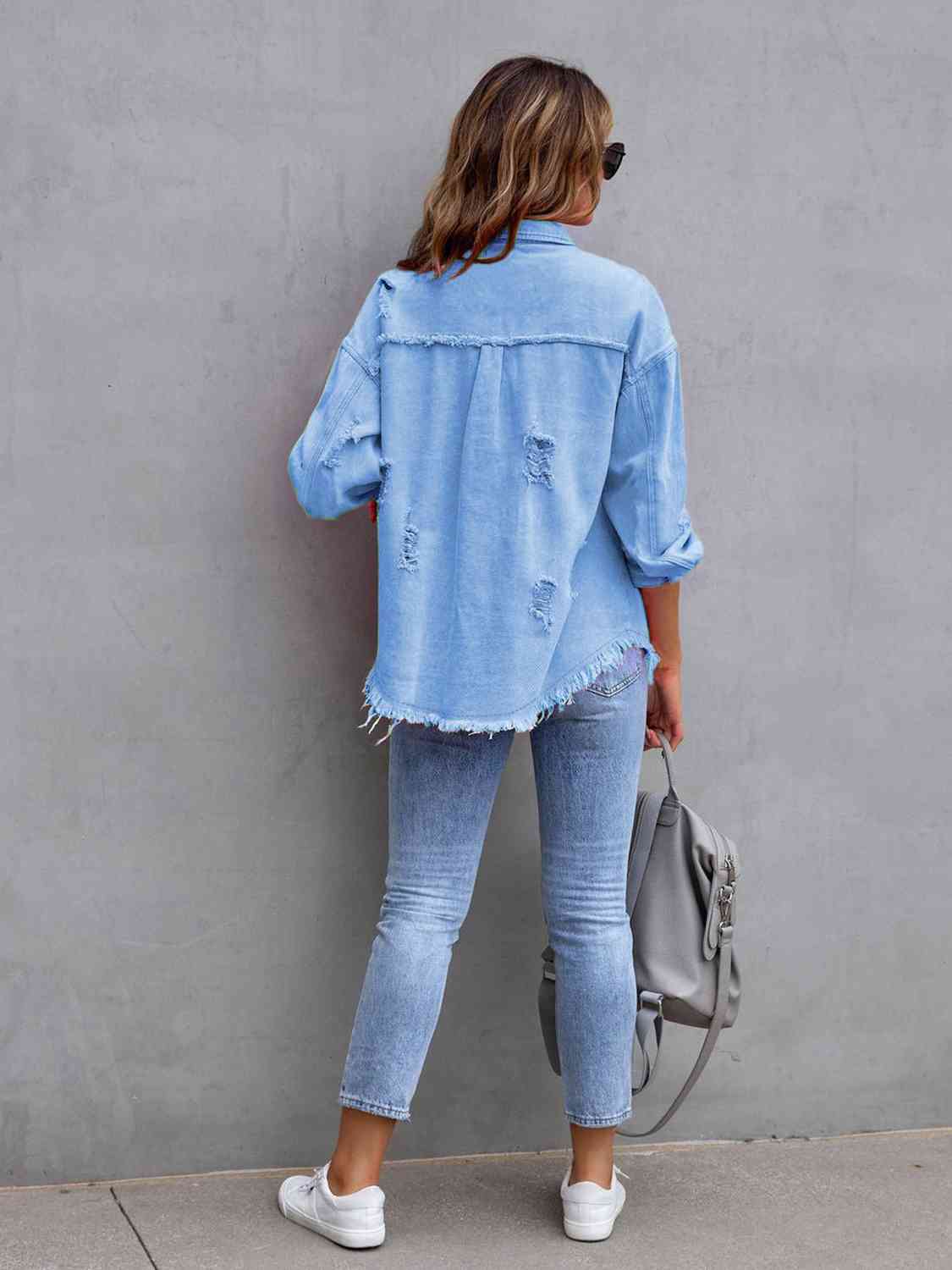 Distressed Drop Shoulder Denim Jacket - Christi's Boutique