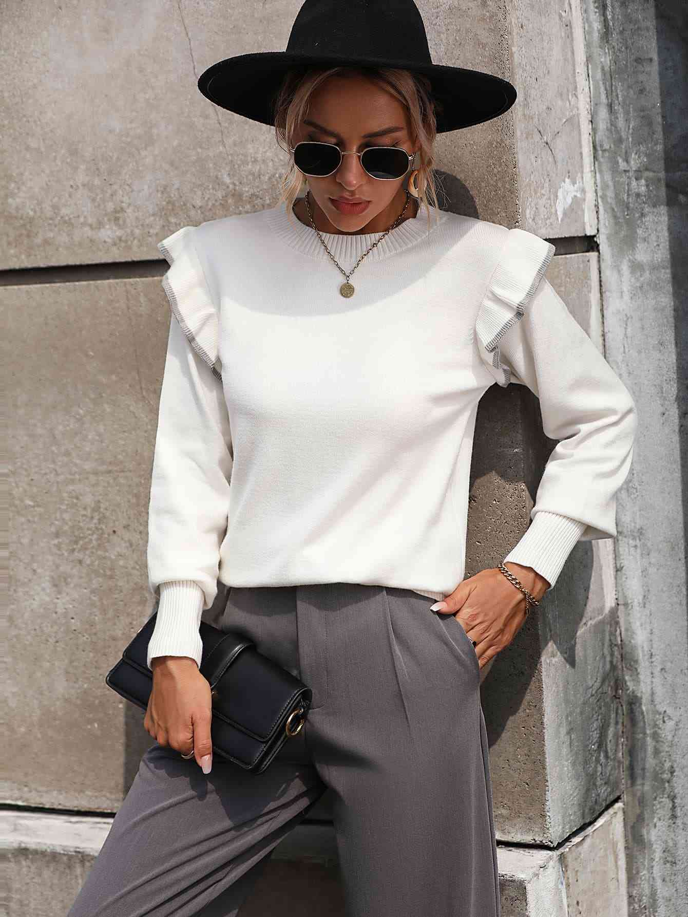 Round Neck Ruffle Trim Long Sleeve Pullover Sweater - Christi's Boutique