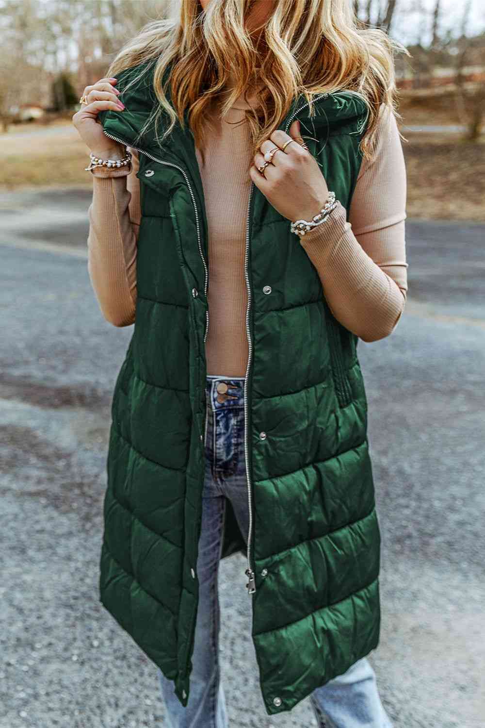 Longline Hooded Sleeveless Puffer Vest - Christi's Boutique