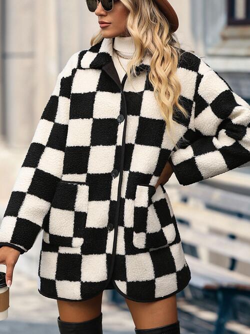 Double Take Full Size Checkered Button Front Coat with Pockets - Christi's Boutique