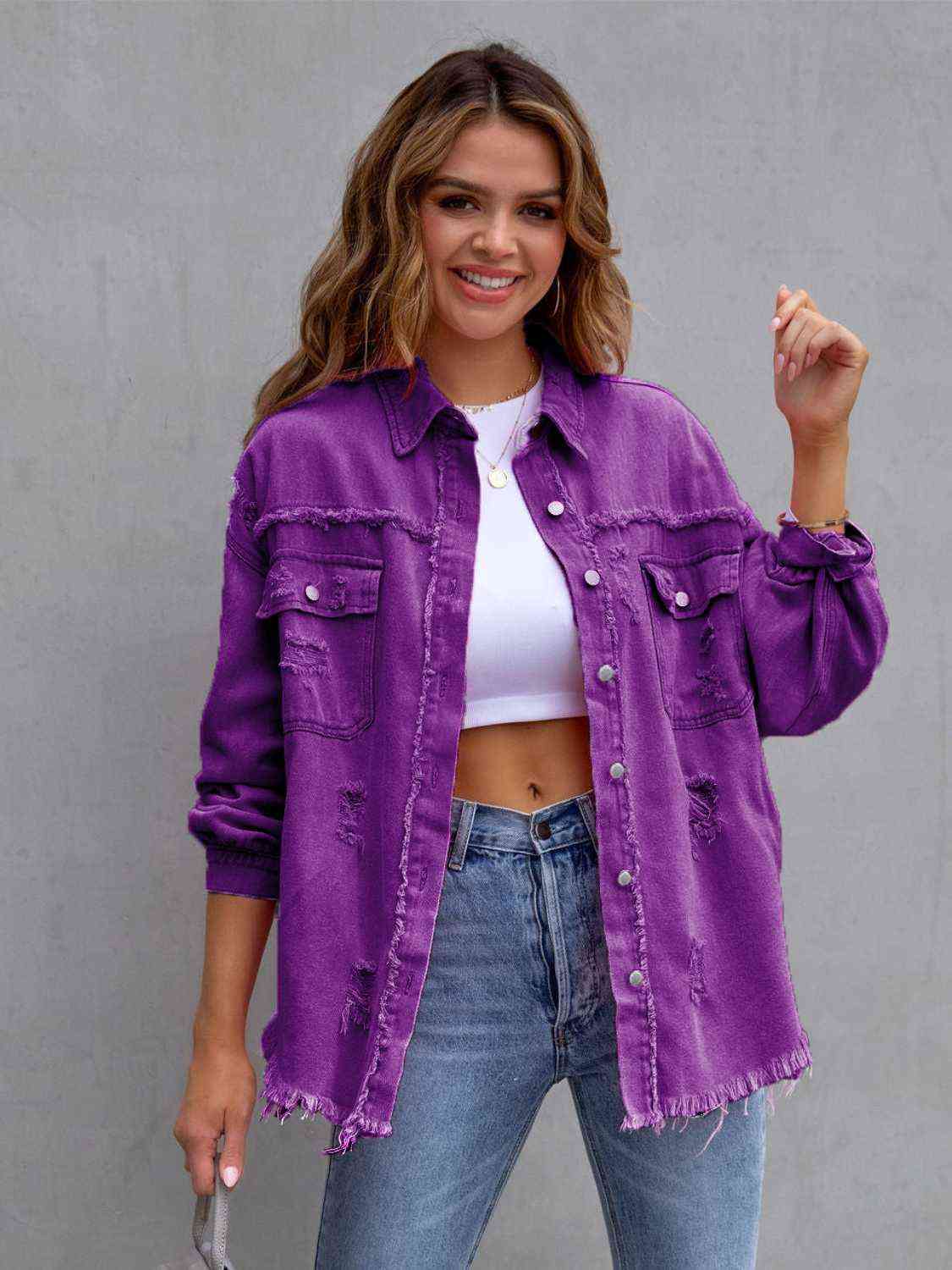 Distressed Drop Shoulder Denim Jacket - Christi's Boutique