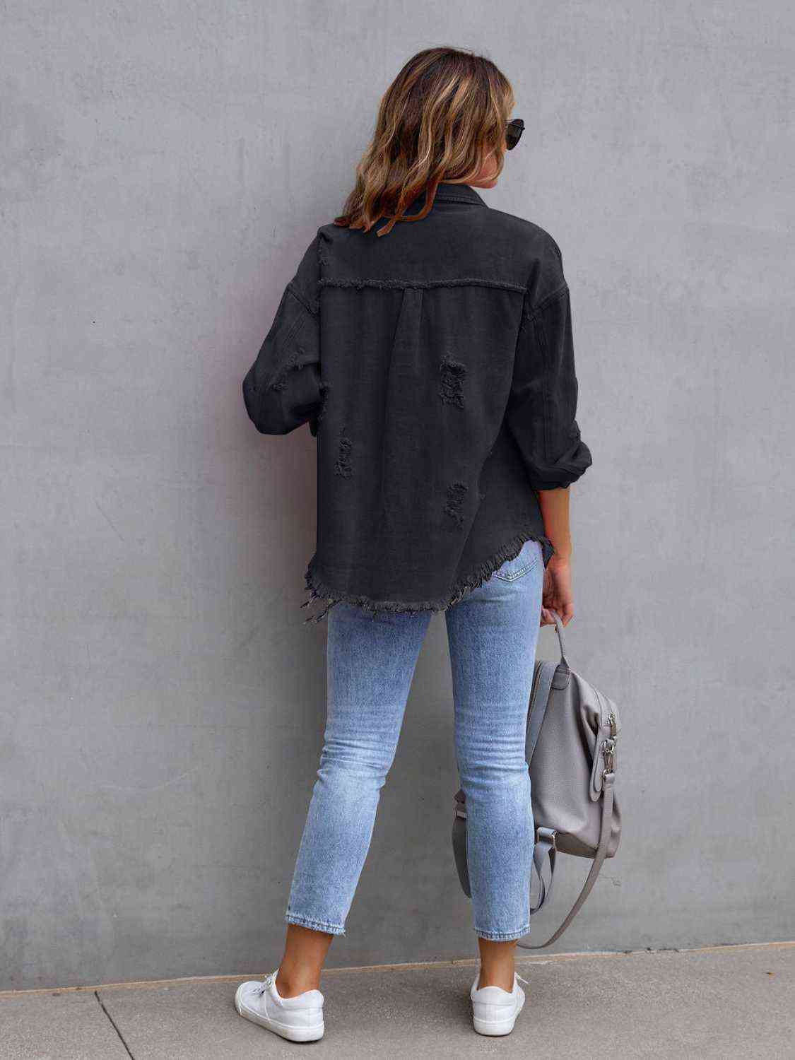 Distressed Drop Shoulder Denim Jacket - Christi's Boutique