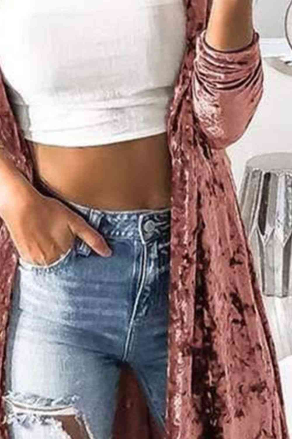 Open Front Long Sleeve Longline Velvet Cardigan - Christi's Boutique