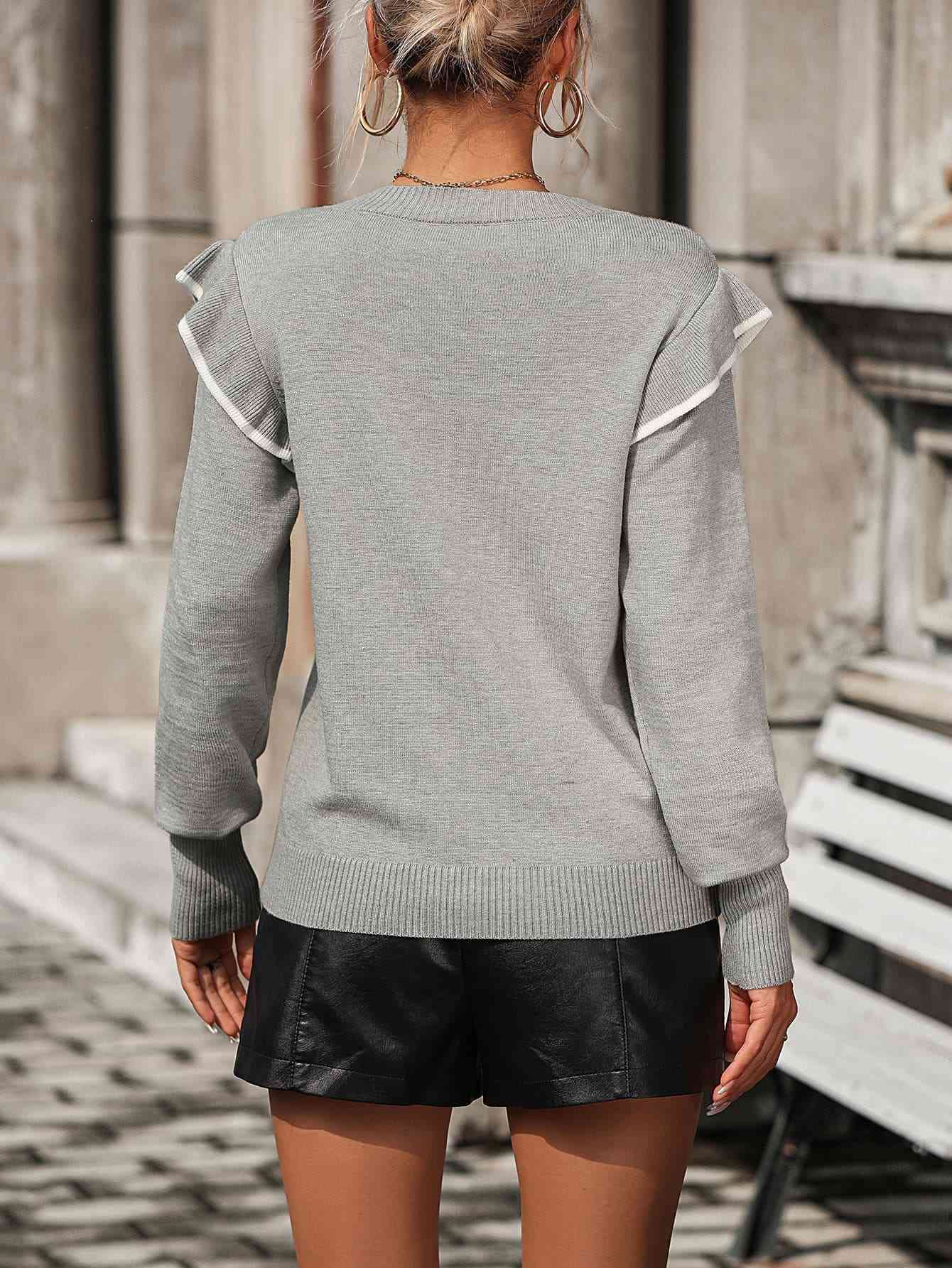 Round Neck Ruffle Trim Long Sleeve Pullover Sweater - Christi's Boutique