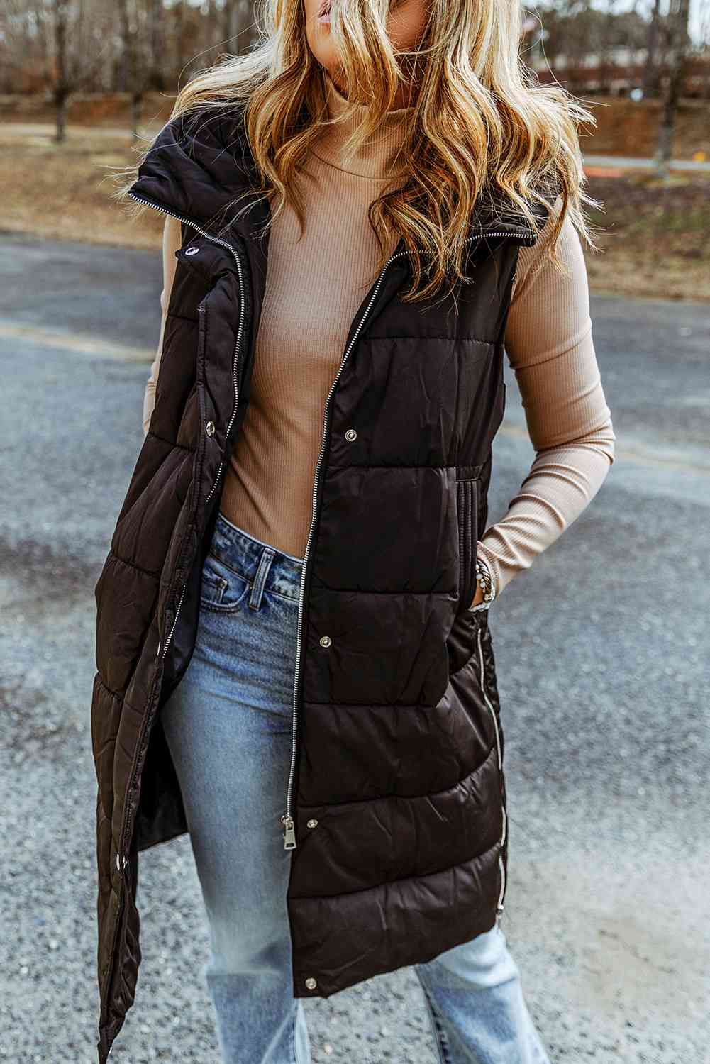 Longline Hooded Sleeveless Puffer Vest - Christi's Boutique