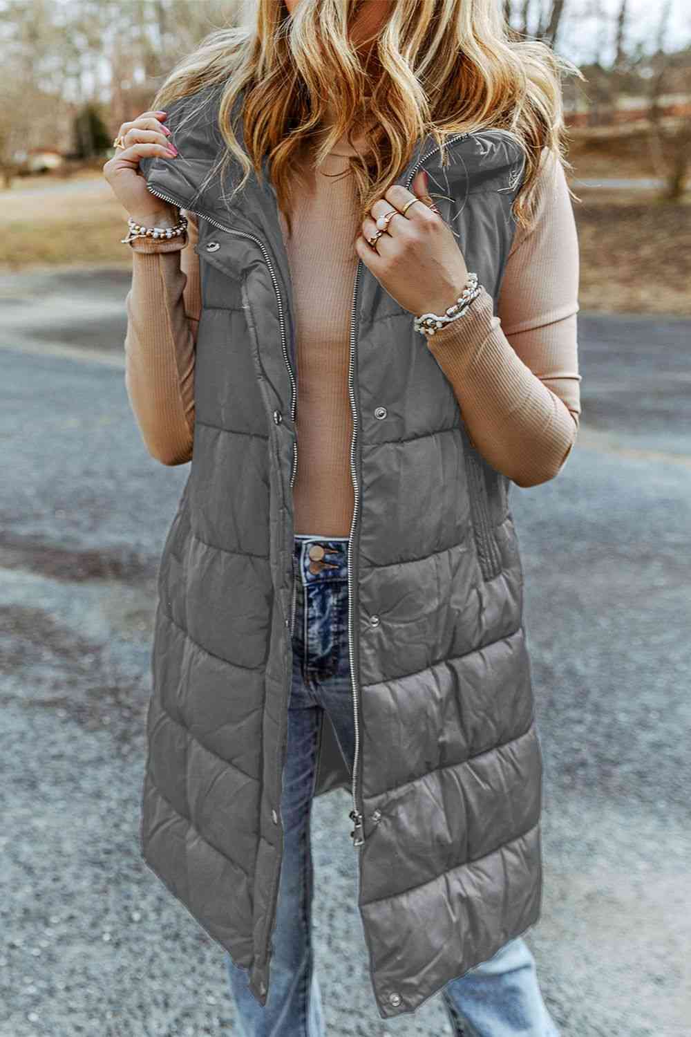 Longline Hooded Sleeveless Puffer Vest - Christi's Boutique