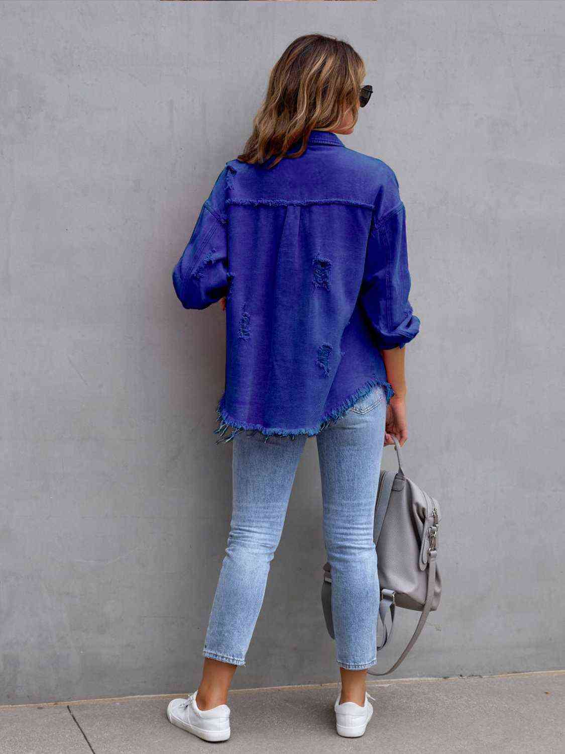 Distressed Drop Shoulder Denim Jacket - Christi's Boutique
