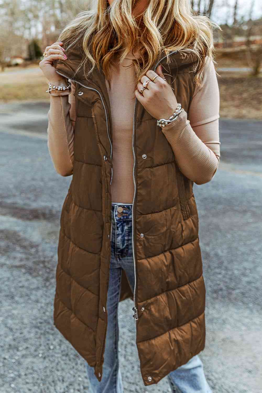 Longline Hooded Sleeveless Puffer Vest - Christi's Boutique