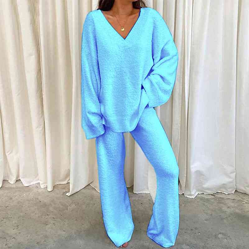 V-Neck Long Sleeve Top and Long Pants Set - Christi's Boutique