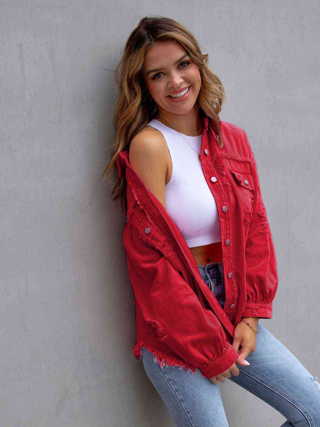 Distressed Drop Shoulder Denim Jacket - Christi's Boutique
