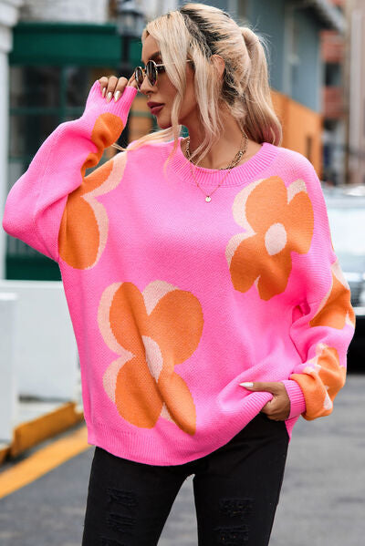 Flower Round Neck Dropped Shoulder Sweater - Christi's Boutique