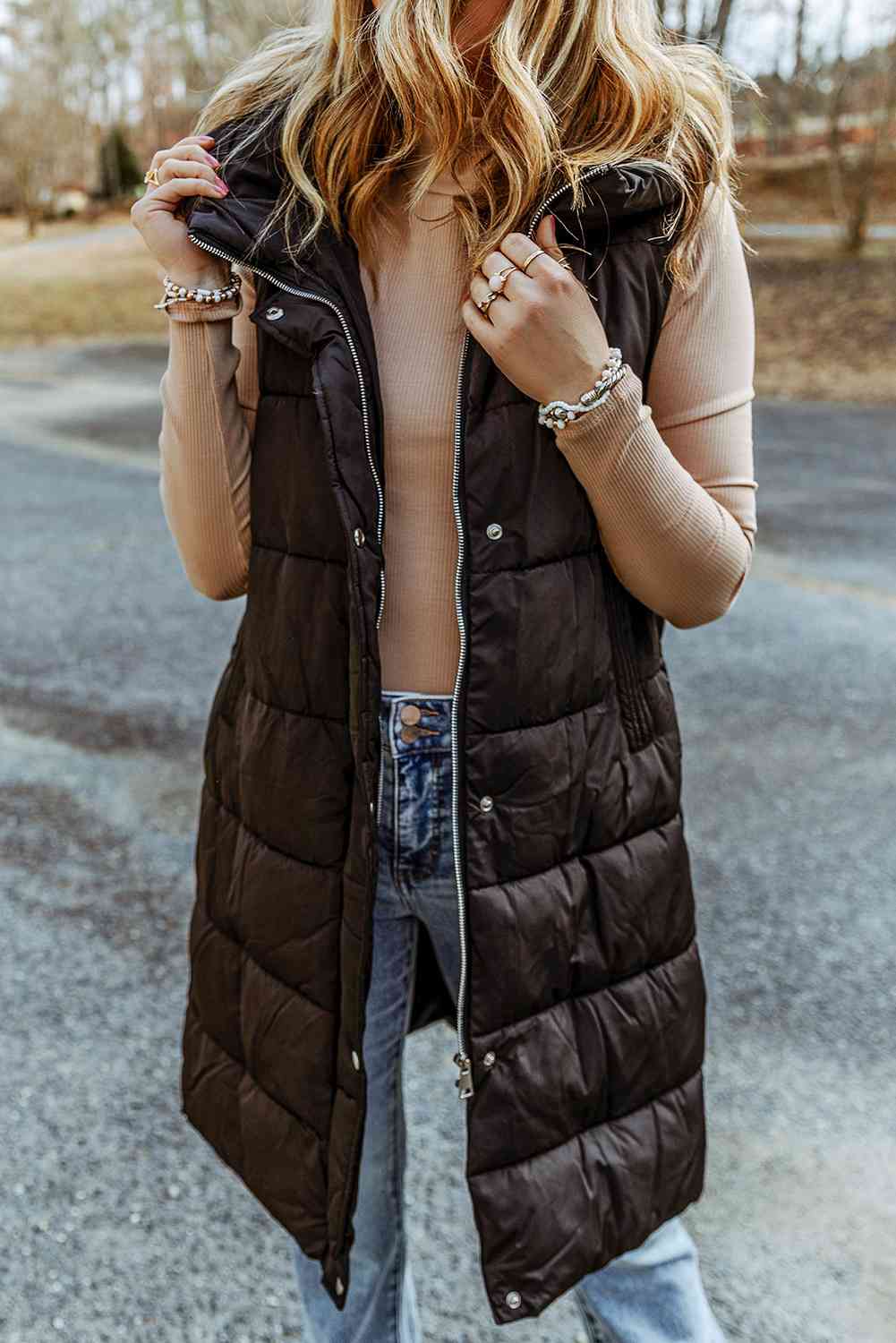 Longline Hooded Sleeveless Puffer Vest - Christi's Boutique