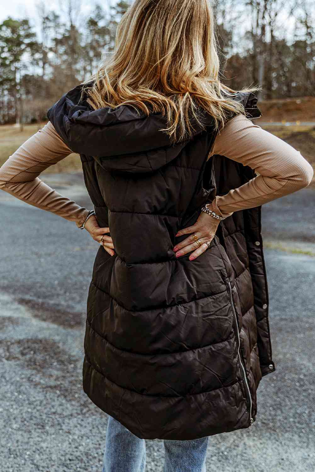 Longline Hooded Sleeveless Puffer Vest - Christi's Boutique
