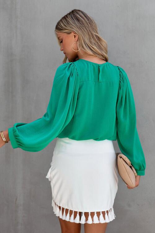 Round Neck Ruff Sleeve Blouse - Christi's Boutique