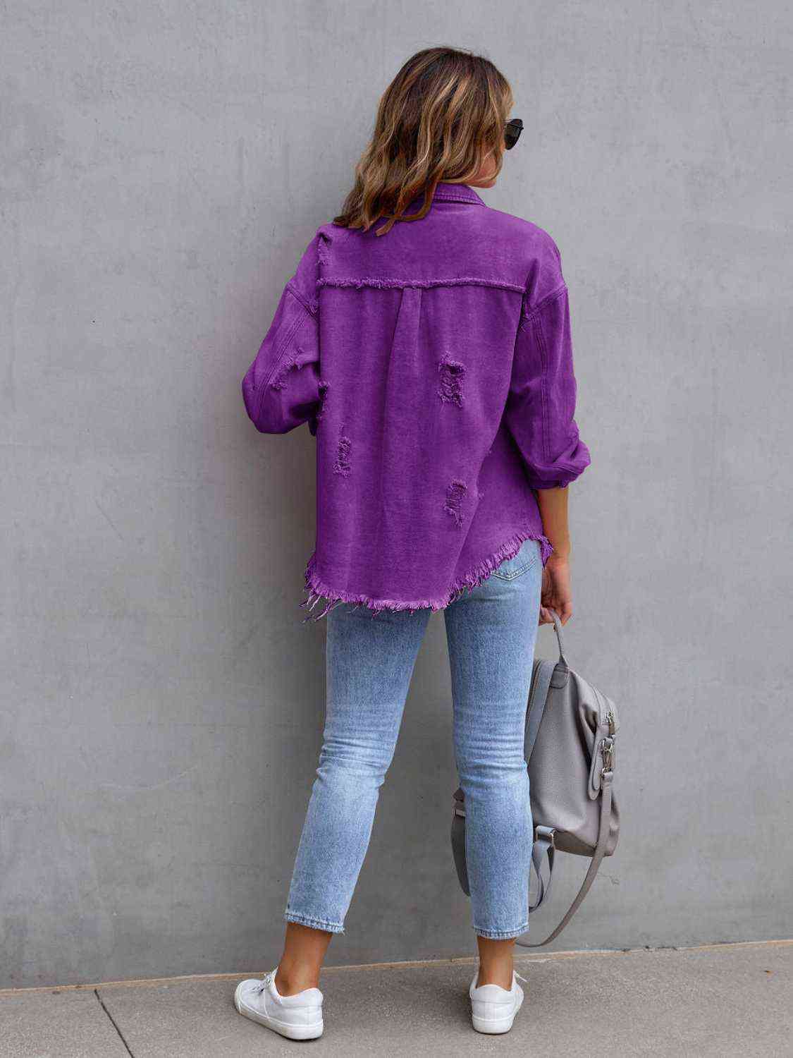 Distressed Drop Shoulder Denim Jacket - Christi's Boutique