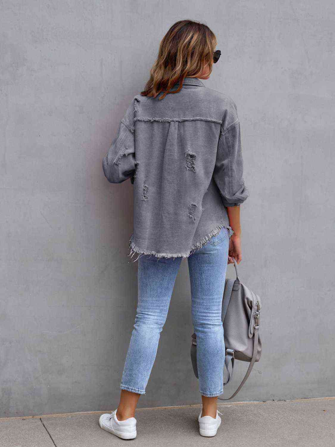 Distressed Drop Shoulder Denim Jacket - Christi's Boutique