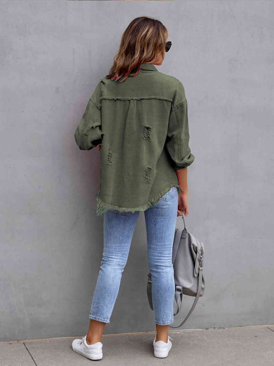 Distressed Drop Shoulder Denim Jacket - Christi's Boutique