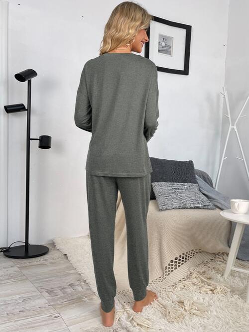 Round Neck Top and Drawstring Pants Lounge Set - Christi's Boutique