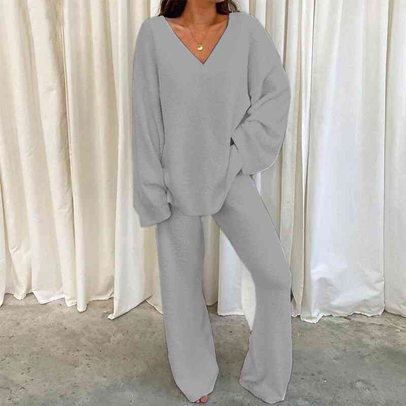 V-Neck Long Sleeve Top and Long Pants Set - Christi's Boutique