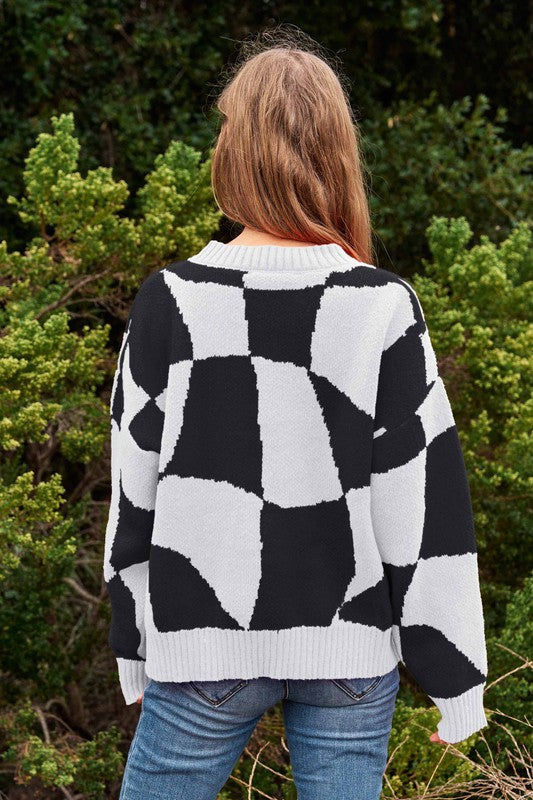 Multi Geo Checker Pullover Knit Sweater Top - Christi's Boutique