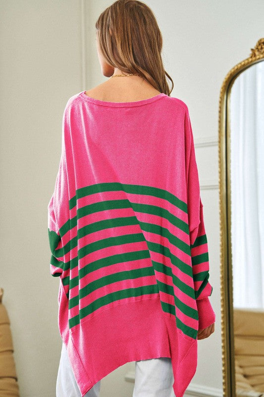 Multi Striped Elbow Patch Loose Fit Sweater Top - Christi's Boutique