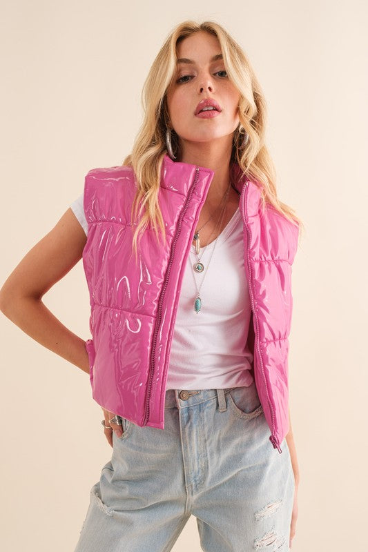 Gloss Shiny PU Quilted Puffer Zip Up Crop Vest - Christi's Boutique