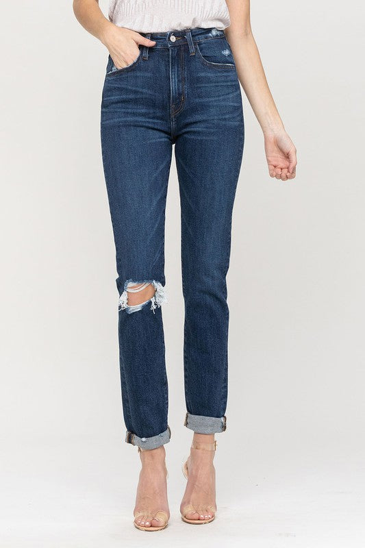 Distressed Roll Up Stretch Mom Jeans - Christi's Boutique