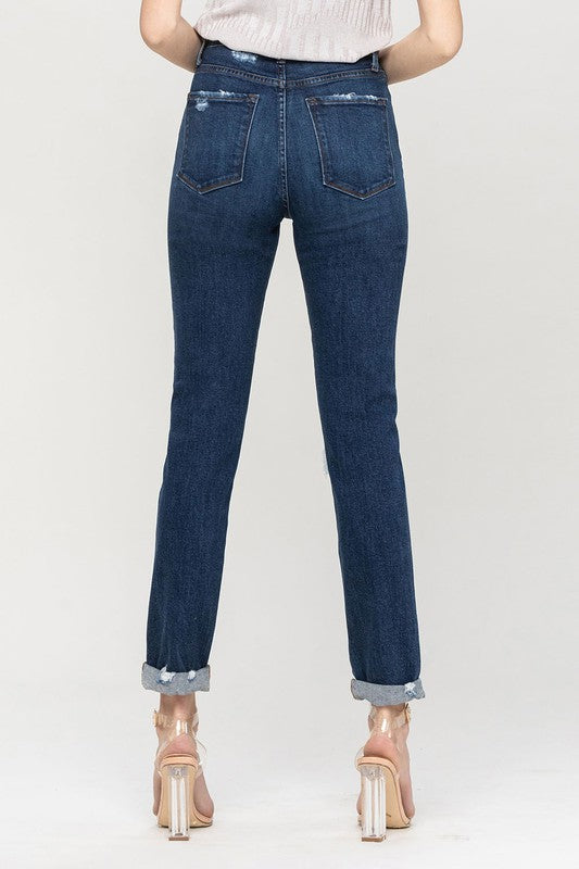 Distressed Roll Up Stretch Mom Jeans - Christi's Boutique